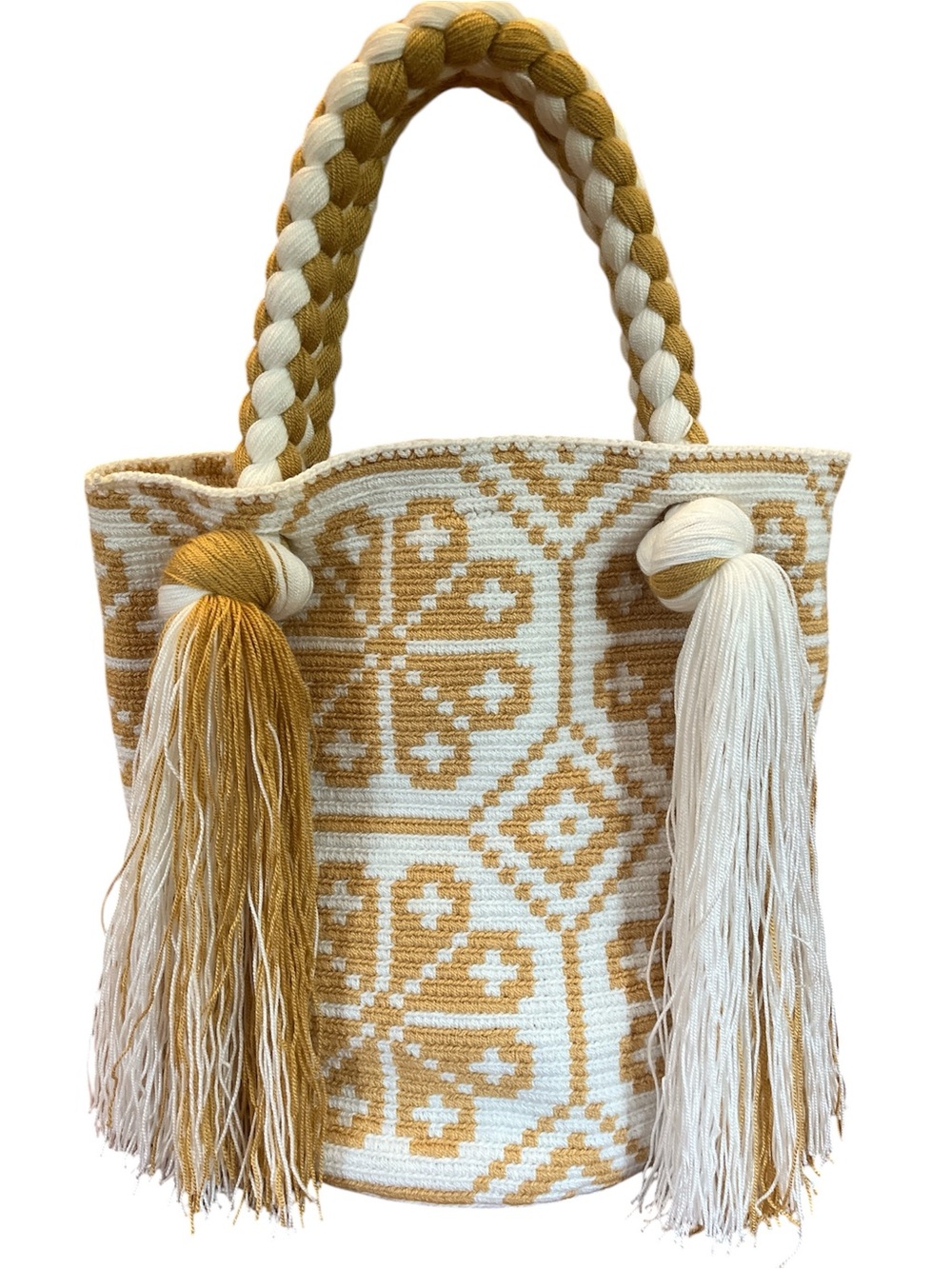 Wayuu Mochila bag Handwoven Tote Bag Cream & Mustard floral & Tassel design.